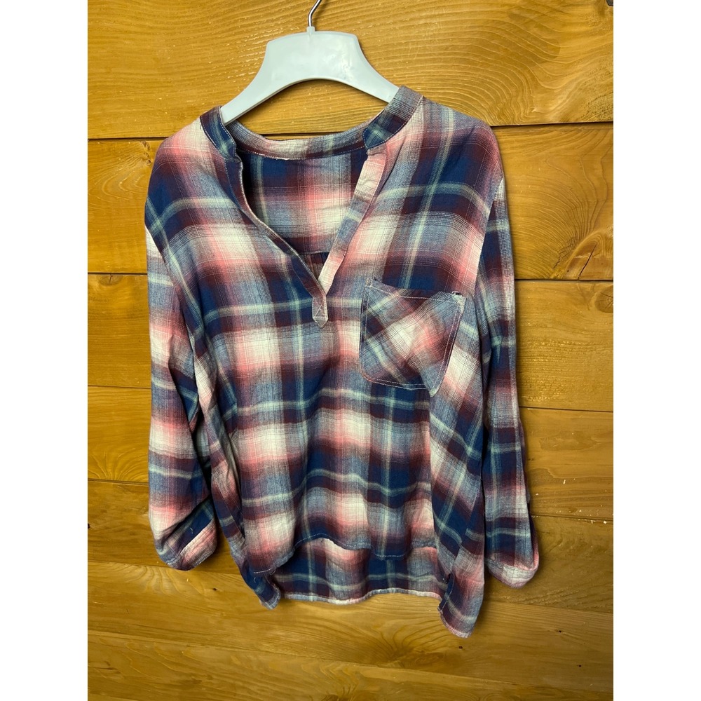 Womens Large Plaid Tunic Shirt Pink Blue Button Front Pocket Roll Tab Sleeve